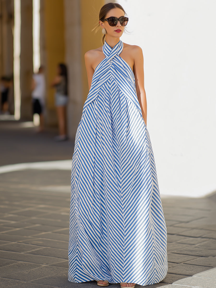 Maritim gestreiftes Maxikleid mit Neckholder