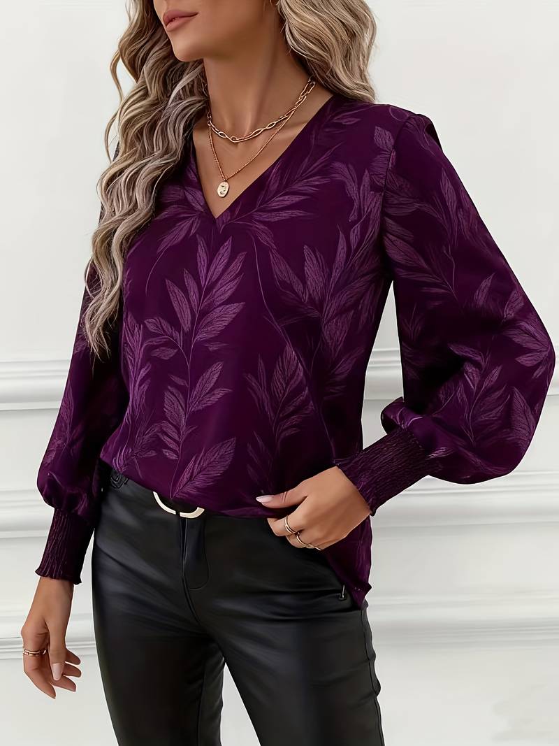 Ruchama - Eleganti Langarm-Bluse mit Blattmuster