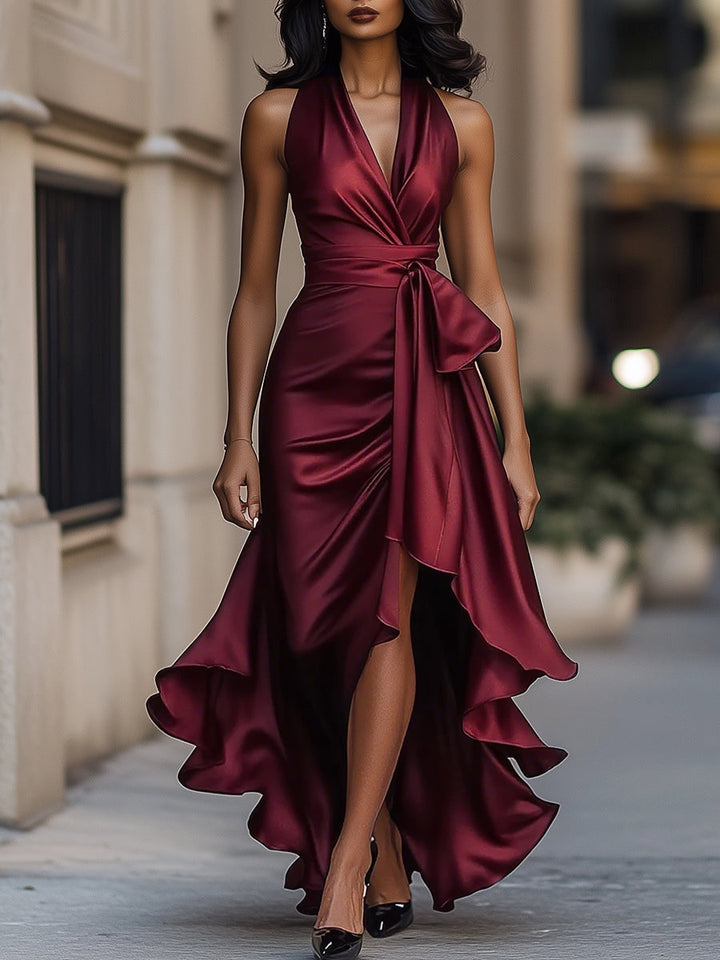 Midnight Elegance Satin Halter Ruffle
