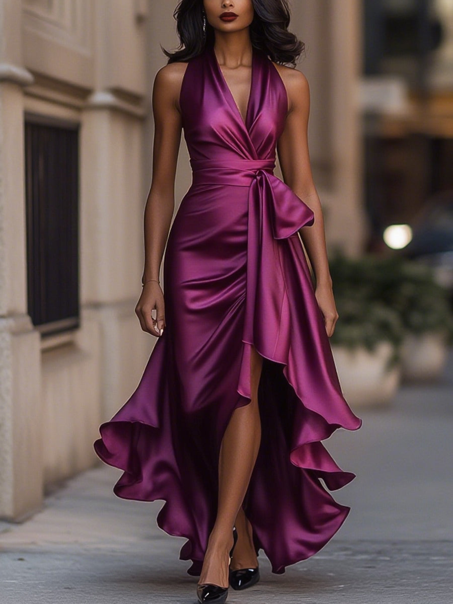 Midnight Elegance Satin Halter Ruffle