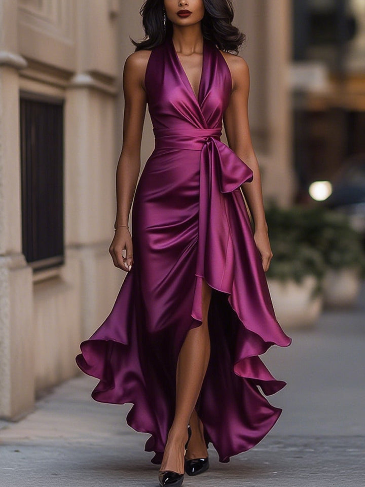 Midnight Elegance Satin Halter Ruffle