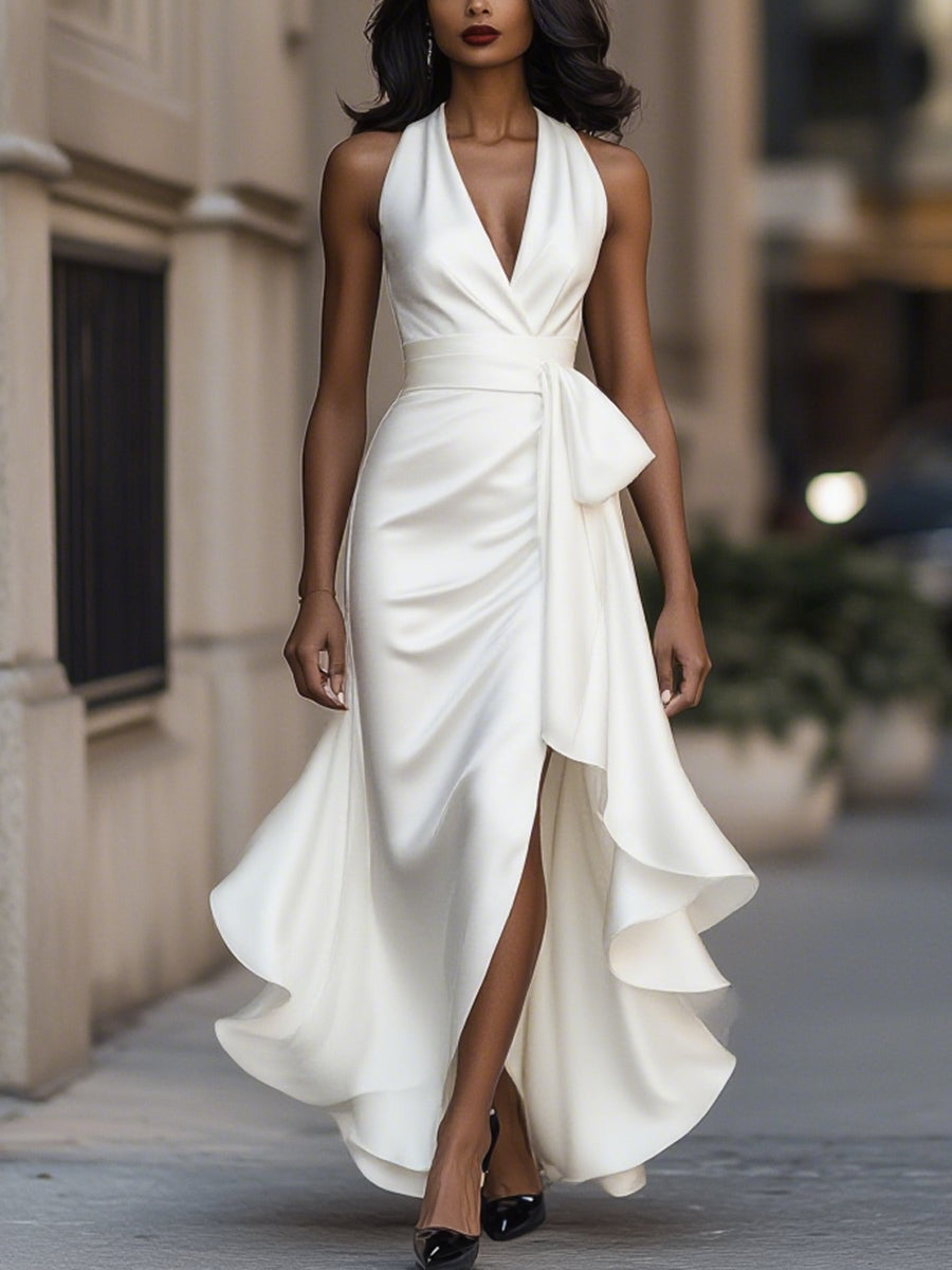Midnight Elegance Satin Halter Ruffle