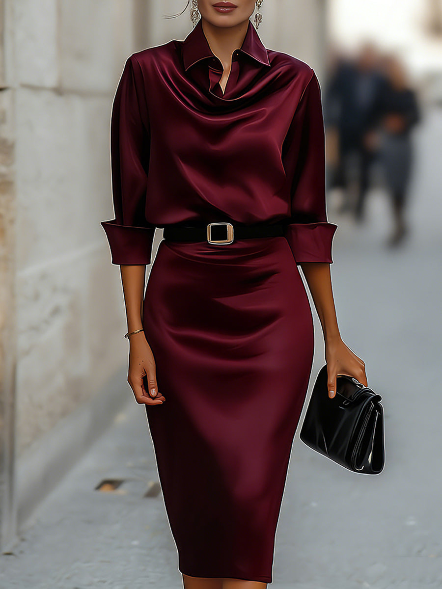 Elegantes Midikleid mit drapiertem Satin-Kragen