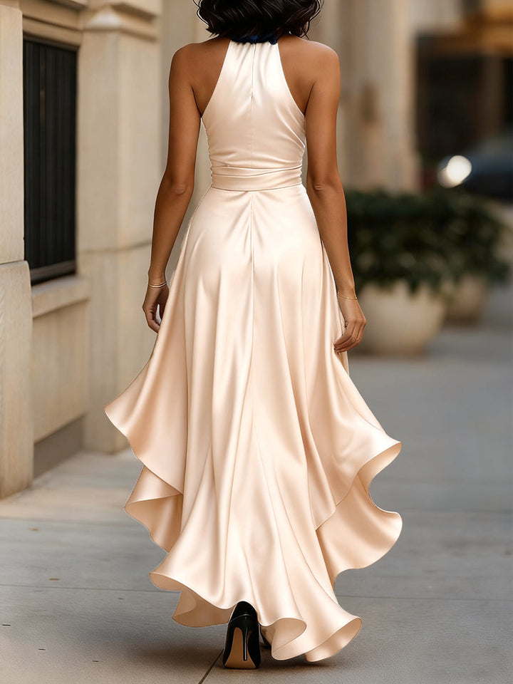 Midnight Elegance Satin Halter Ruffle