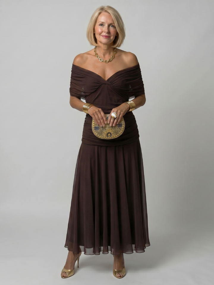 Calen - Schulterfreies fließendes Midikleid