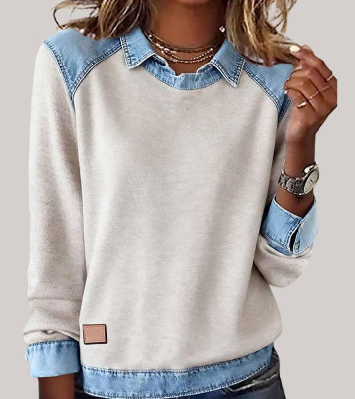 Silvia - Patchwork-Stricktop mit Denim-Details