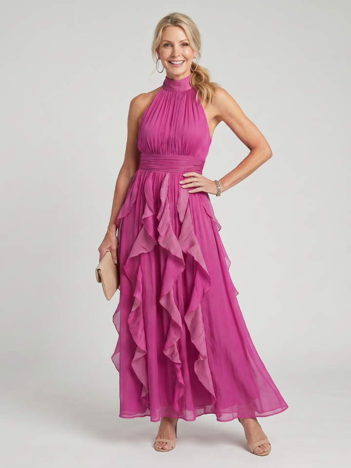 Orea - Hochgeschlossenes gerafftes Rüschen-Lagen-Maxikleid