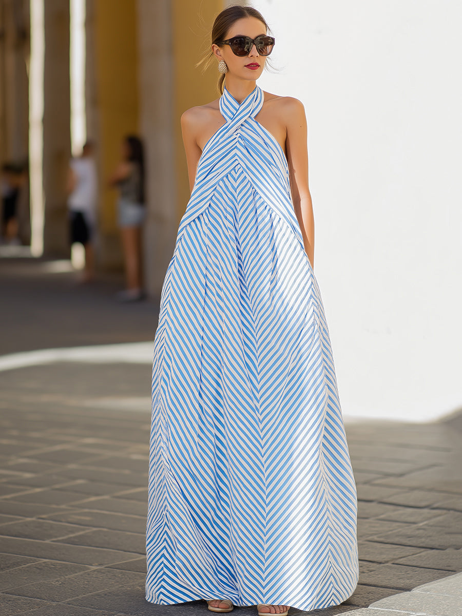 Maritim gestreiftes Maxikleid mit Neckholder