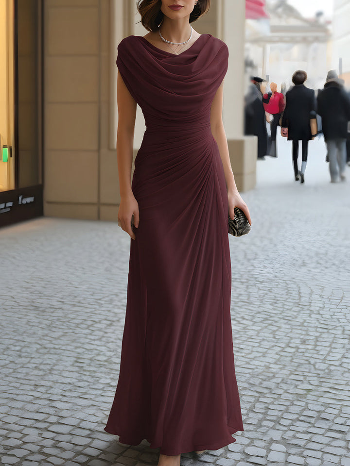 Drapiertes Maxikleid mit gerüschtem Rundhalsausschnitt