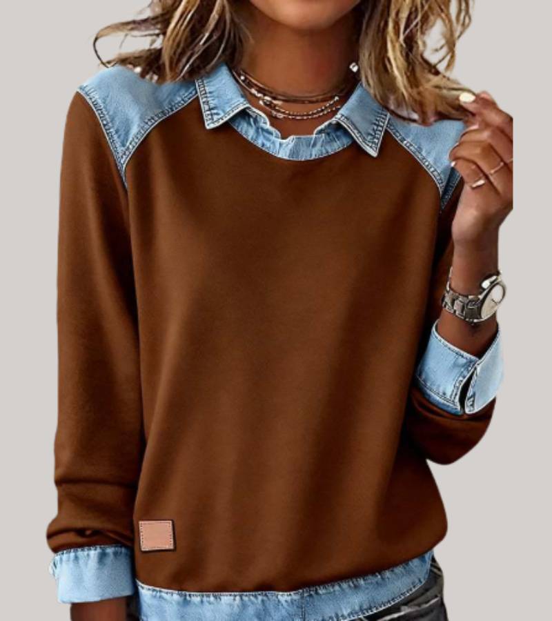 Silvia - Patchwork-Stricktop mit Denim-Details