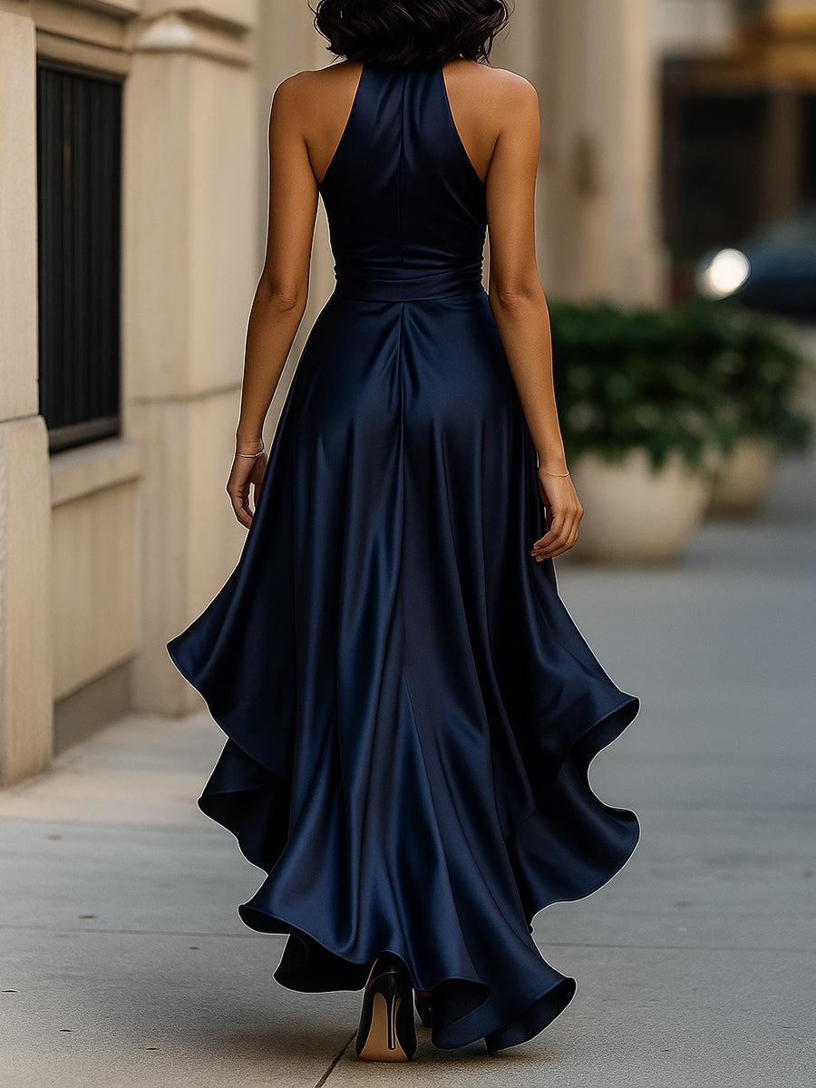 Midnight Elegance Satin Halter Ruffle