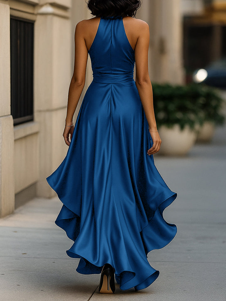 Midnight Elegance Satin Halter Ruffle