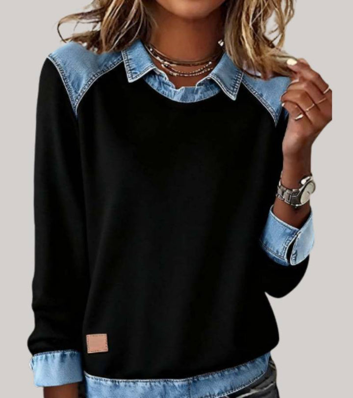 Silvia - Patchwork-Stricktop mit Denim-Details