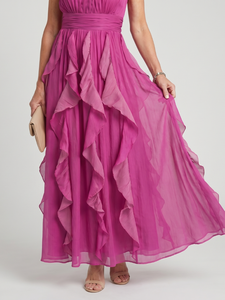 Orea - Hochgeschlossenes gerafftes Rüschen-Lagen-Maxikleid