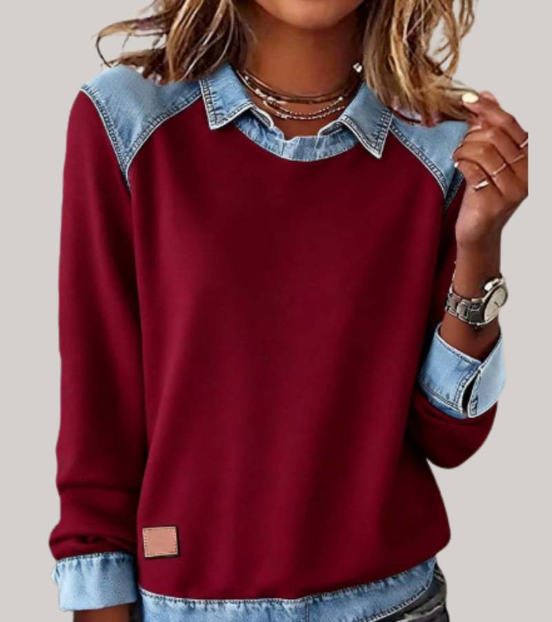 Silvia - Patchwork-Stricktop mit Denim-Details