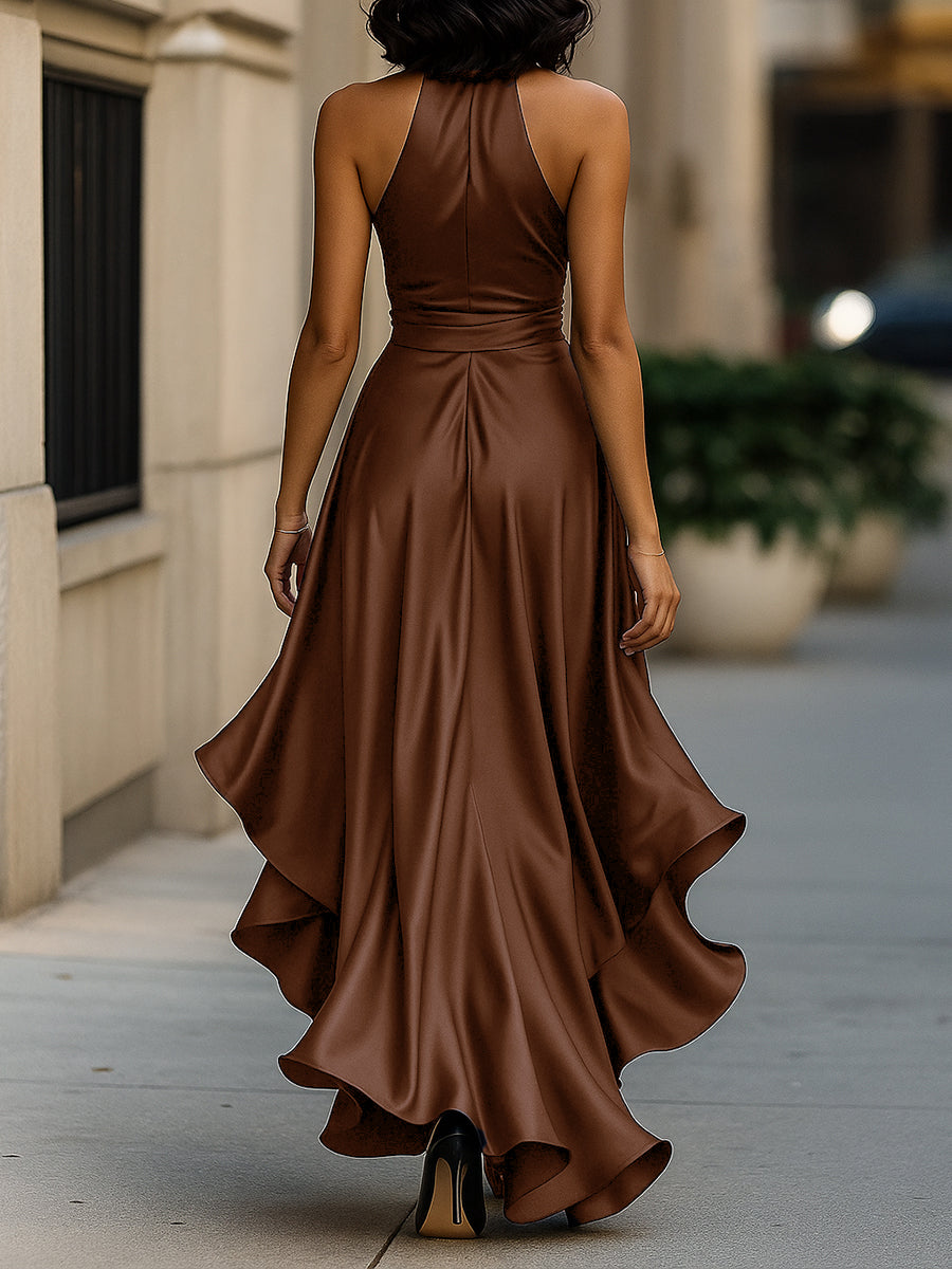 Midnight Elegance Satin Halter Ruffle