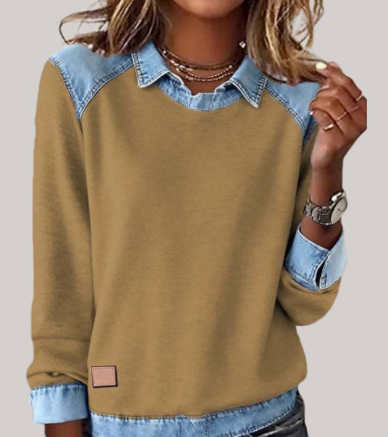 Silvia - Patchwork-Stricktop mit Denim-Details