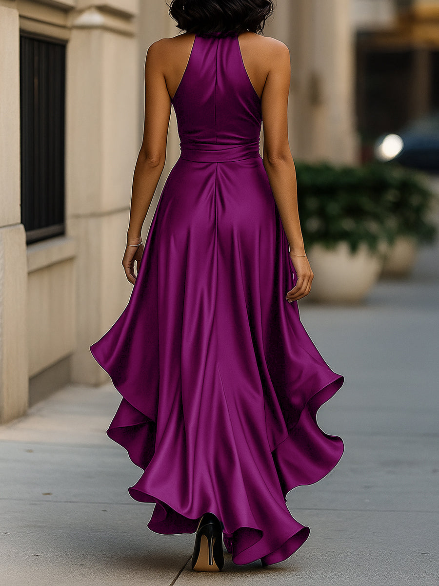 Midnight Elegance Satin Halter Ruffle