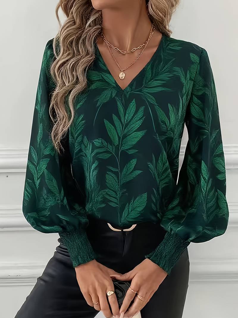 Ruchama - Eleganti Langarm-Bluse mit Blattmuster