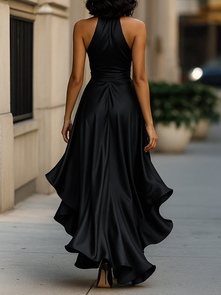 Midnight Elegance Satin Halter Ruffle