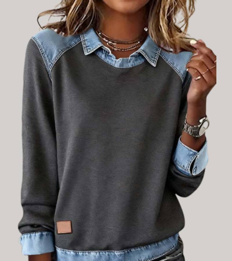 Silvia - Patchwork-Stricktop mit Denim-Details
