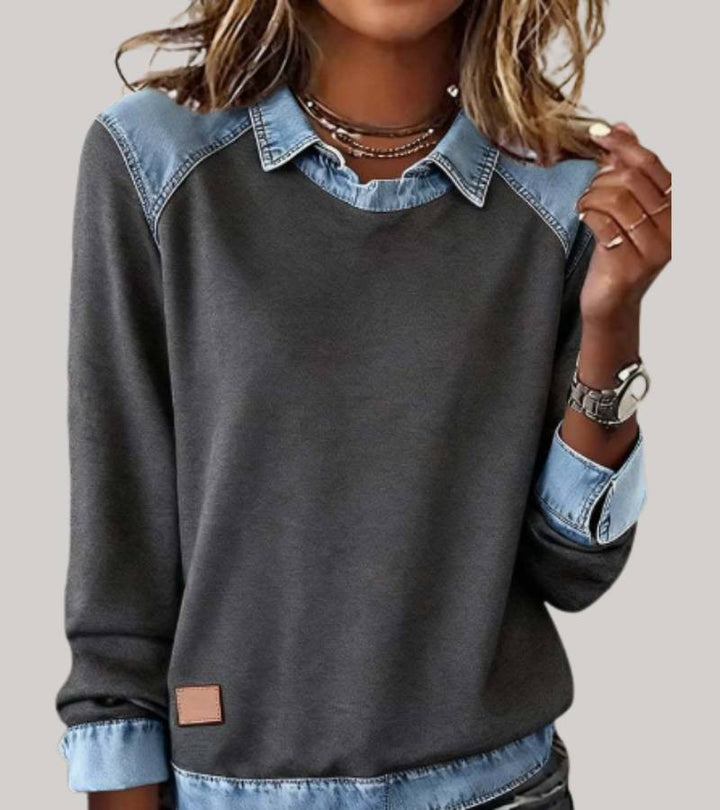 Silvia - Patchwork-Stricktop mit Denim-Details