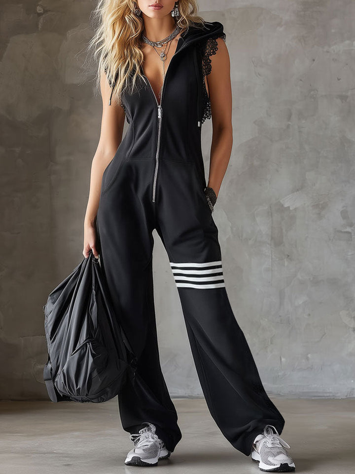 Daniela - Sportlicher Retro-Overall mit Kapuze und Streifen