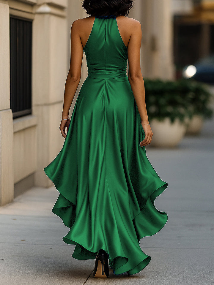 Midnight Elegance Satin Halter Ruffle