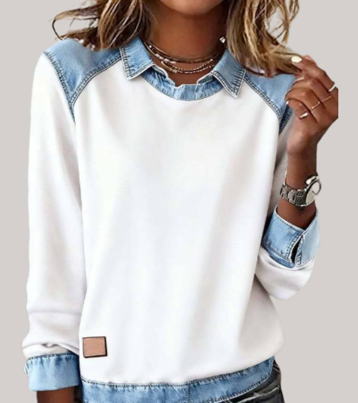 Silvia - Patchwork-Stricktop mit Denim-Details