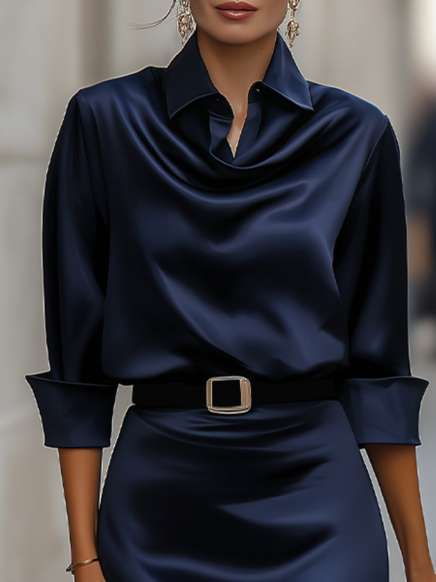 Elegantes Midikleid mit drapiertem Satin-Kragen