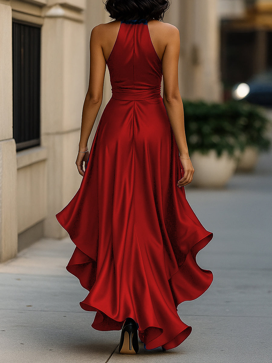 Midnight Elegance Satin Halter Ruffle