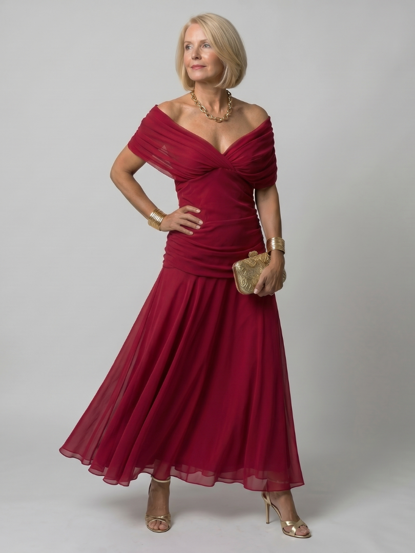 Calen - Schulterfreies fließendes Midikleid