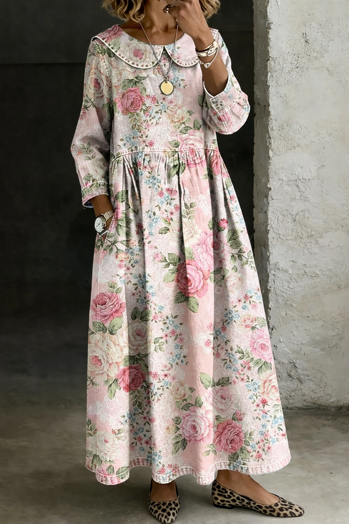Brooklyn - Blumenkragen Denim-Kleid
