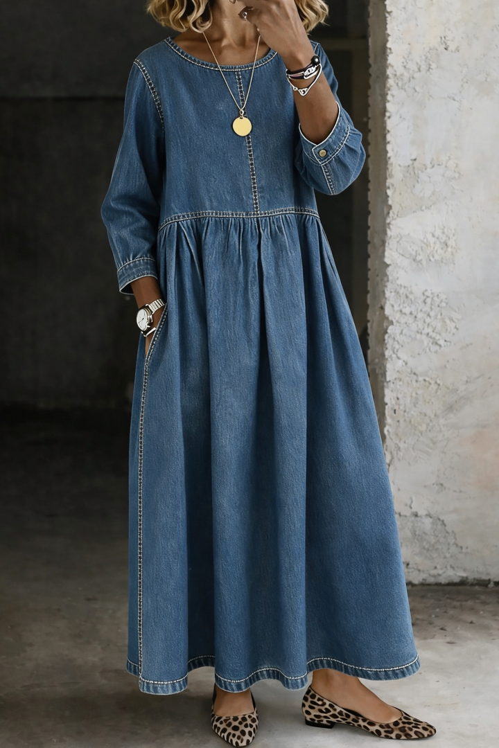 Melissa - Rundhalsausschnitt Langärmeliges Denim-Kleid