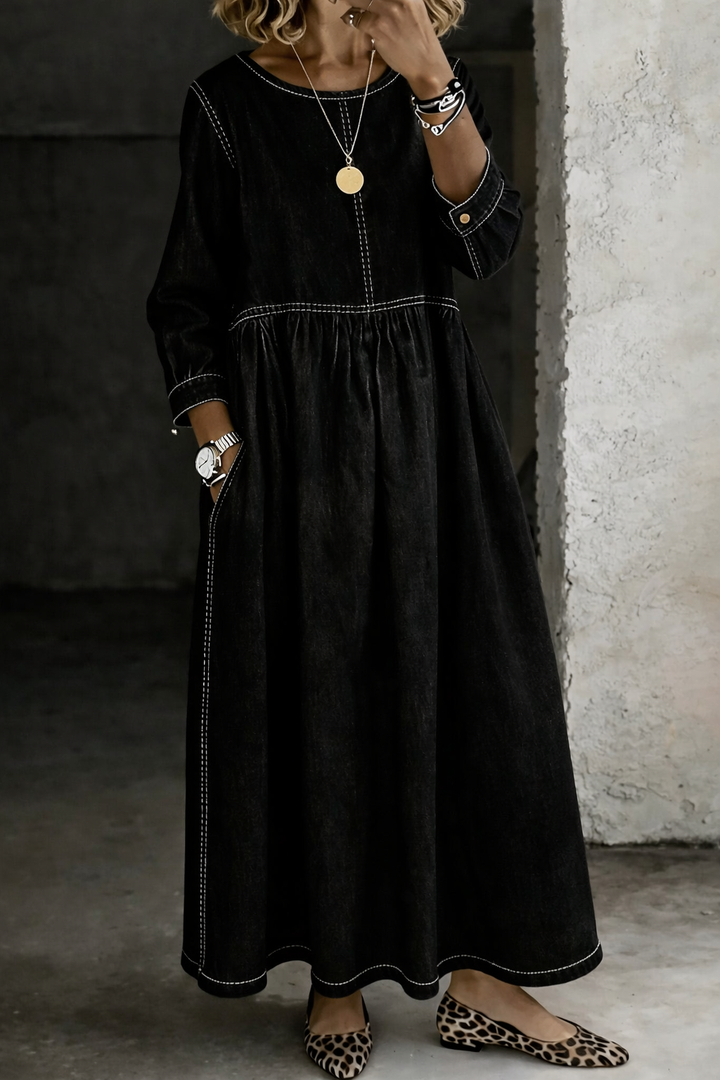 Melissa - Rundhalsausschnitt Langärmeliges Denim-Kleid
