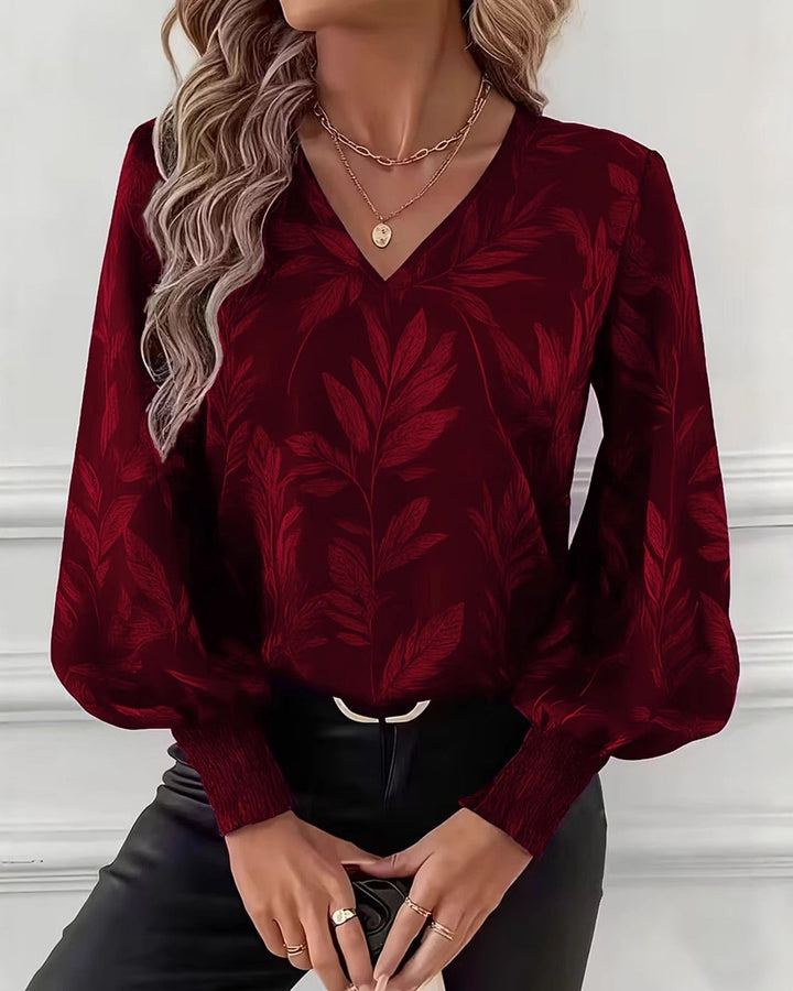 Ruchama - Eleganti Langarm-Bluse mit Blattmuster