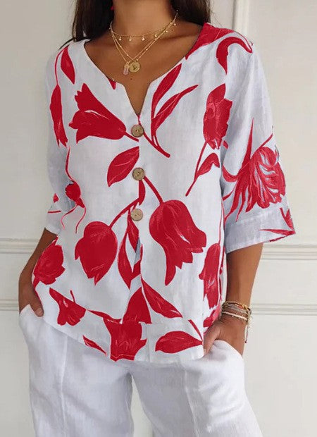 Despoina - Elegantes Blumentop mit Knöpfen