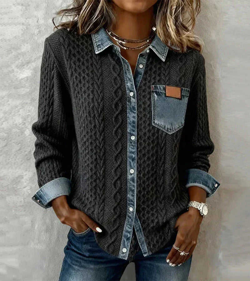 Ambra - Patchwork-Stricktop mit Denimdetails