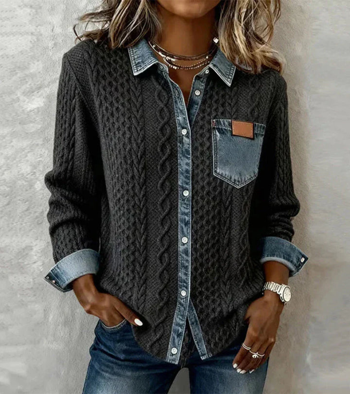 Ambra - Patchwork-Stricktop mit Denimdetails