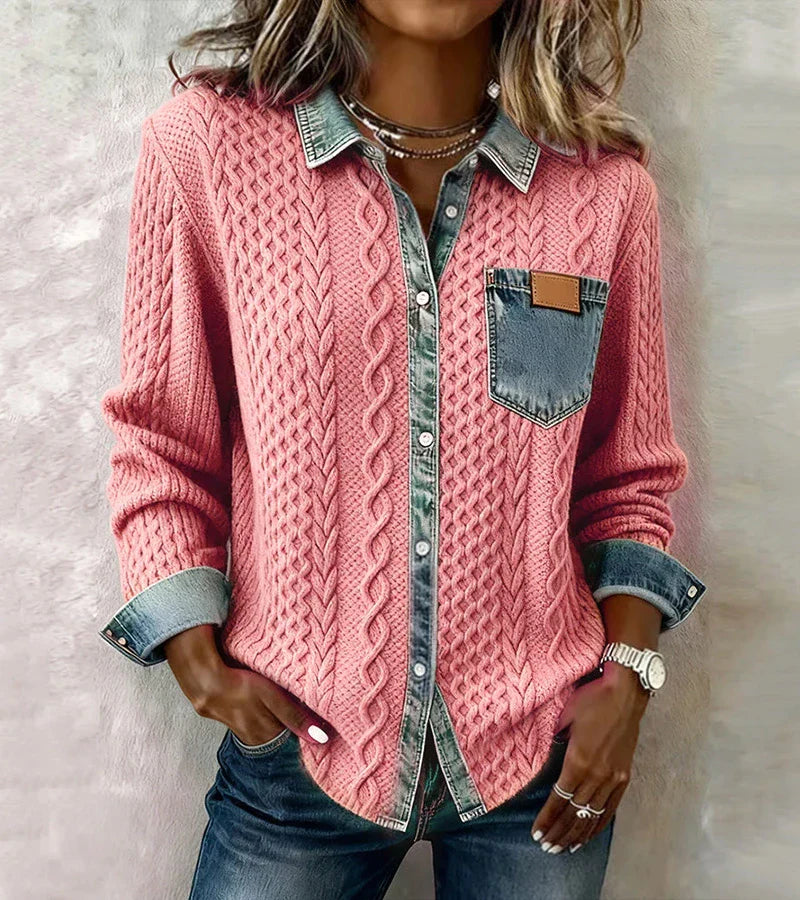 Ambra - Patchwork-Stricktop mit Denimdetails