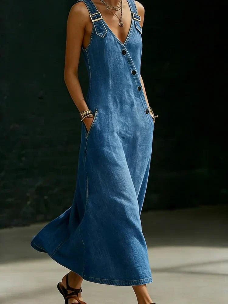 Vera - Langes Denim-Kleid mit Knopfleiste