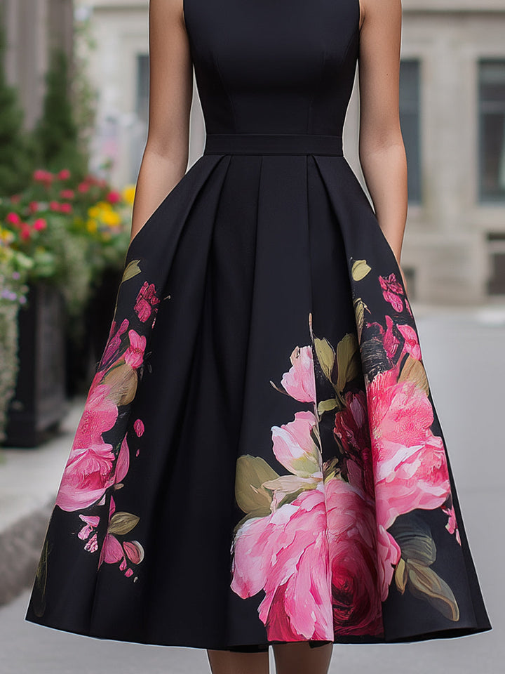 Elegantes ärmelloses Midikleid mit blumenbedrucktem