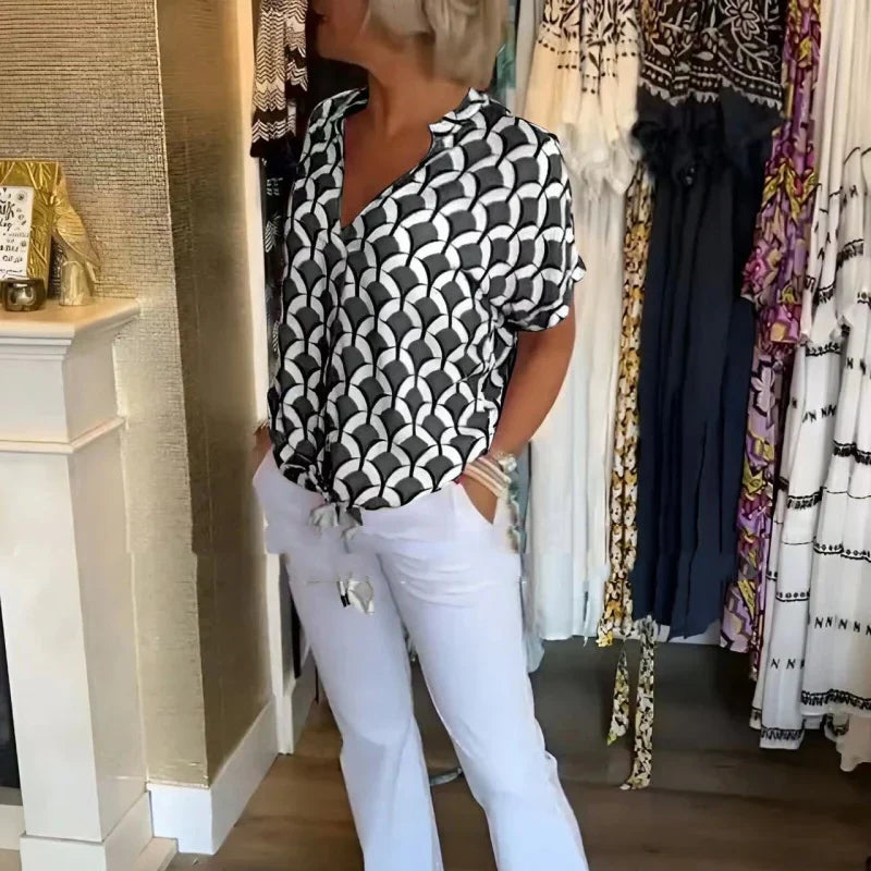 Estelle - Bedrucktes V-Ausschnitt Casual-Top