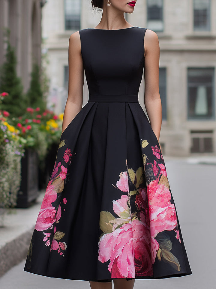 Elegantes ärmelloses Midikleid mit blumenbedrucktem