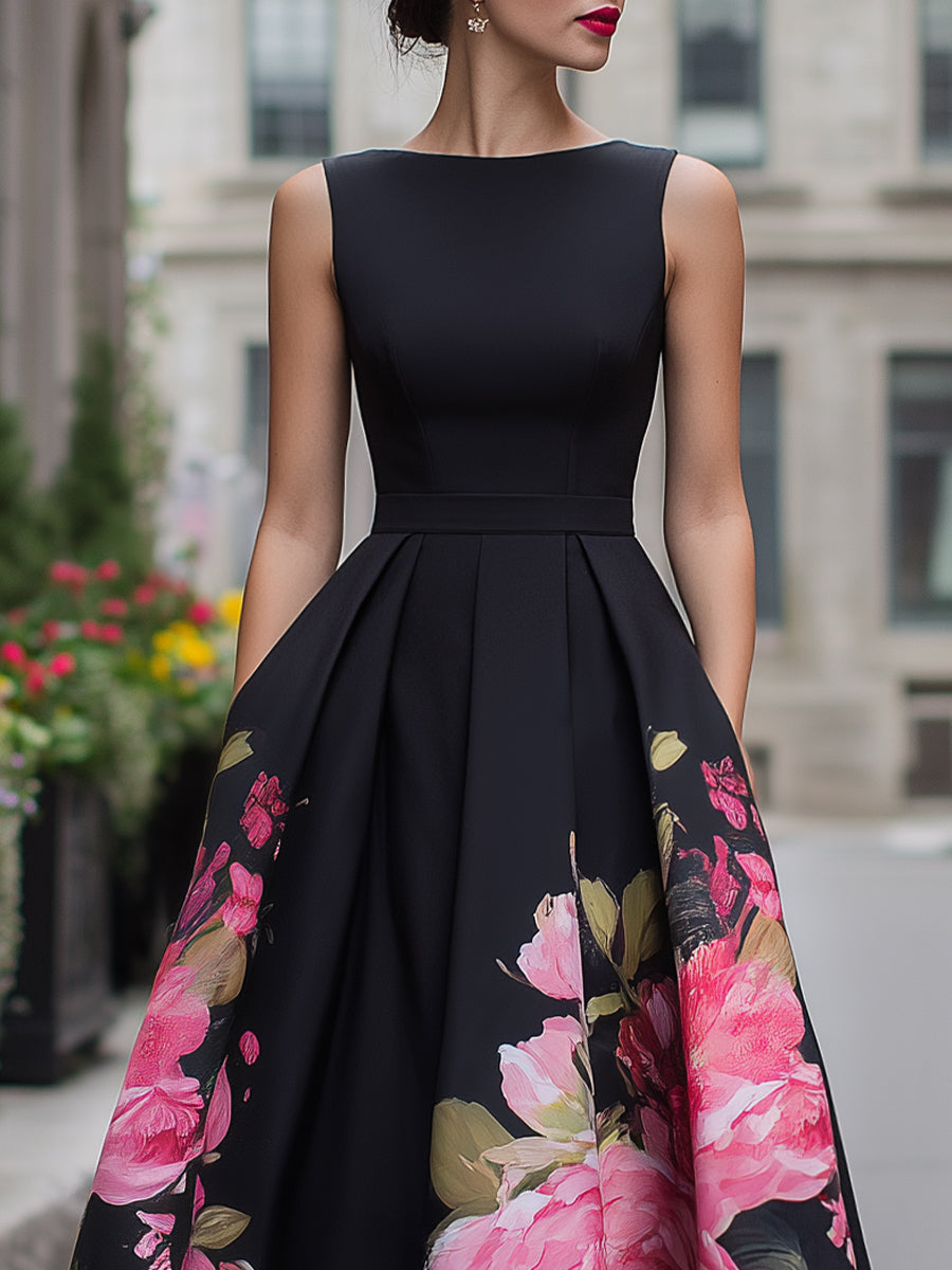 Elegantes ärmelloses Midikleid mit blumenbedrucktem