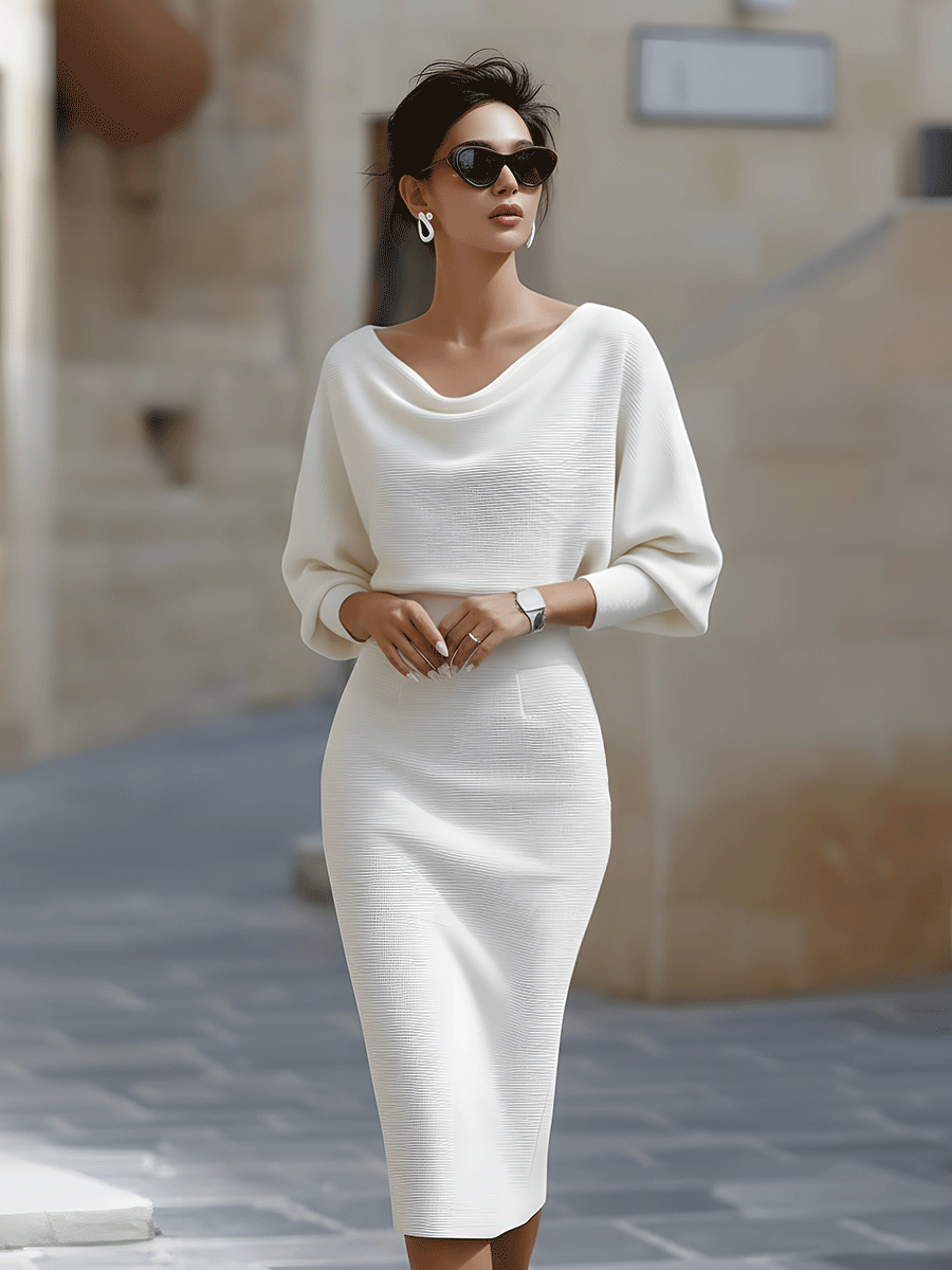 Weißes drapiertes Midikleid mit Fledermausflügeln