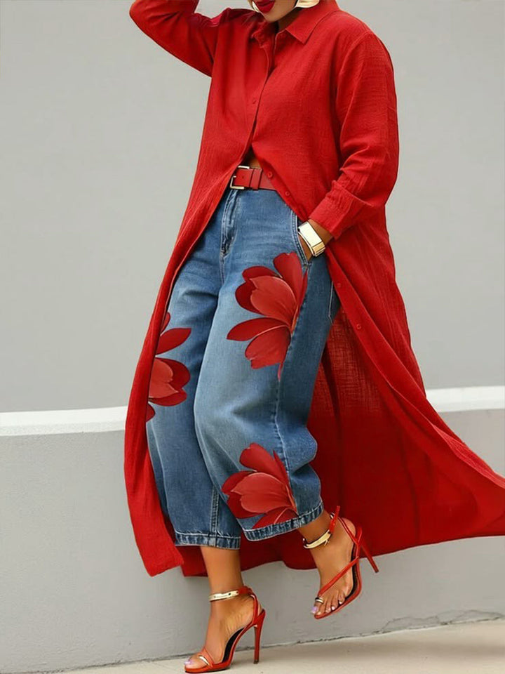 Daniella - Leinenkleid & Florales Denim-Set