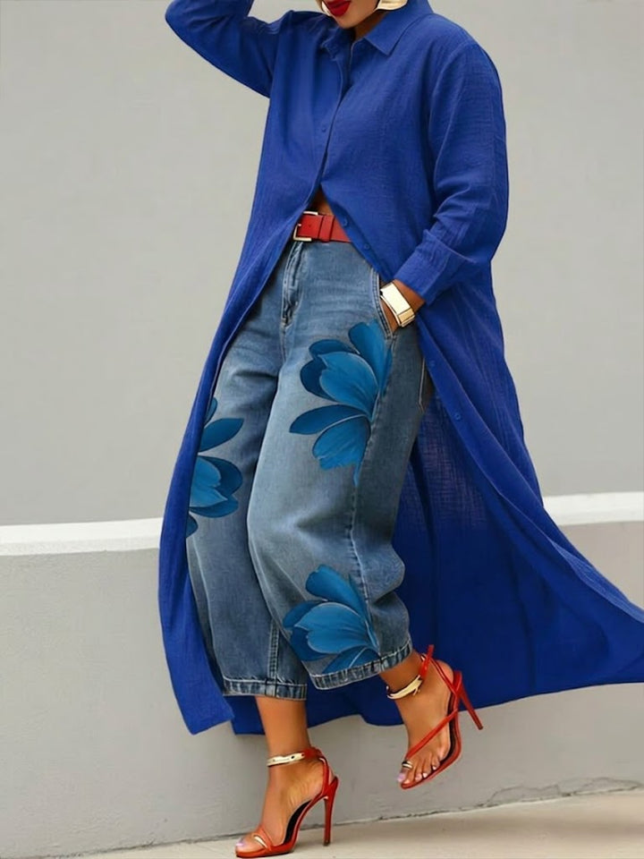 Daniella - Leinenkleid & Florales Denim-Set