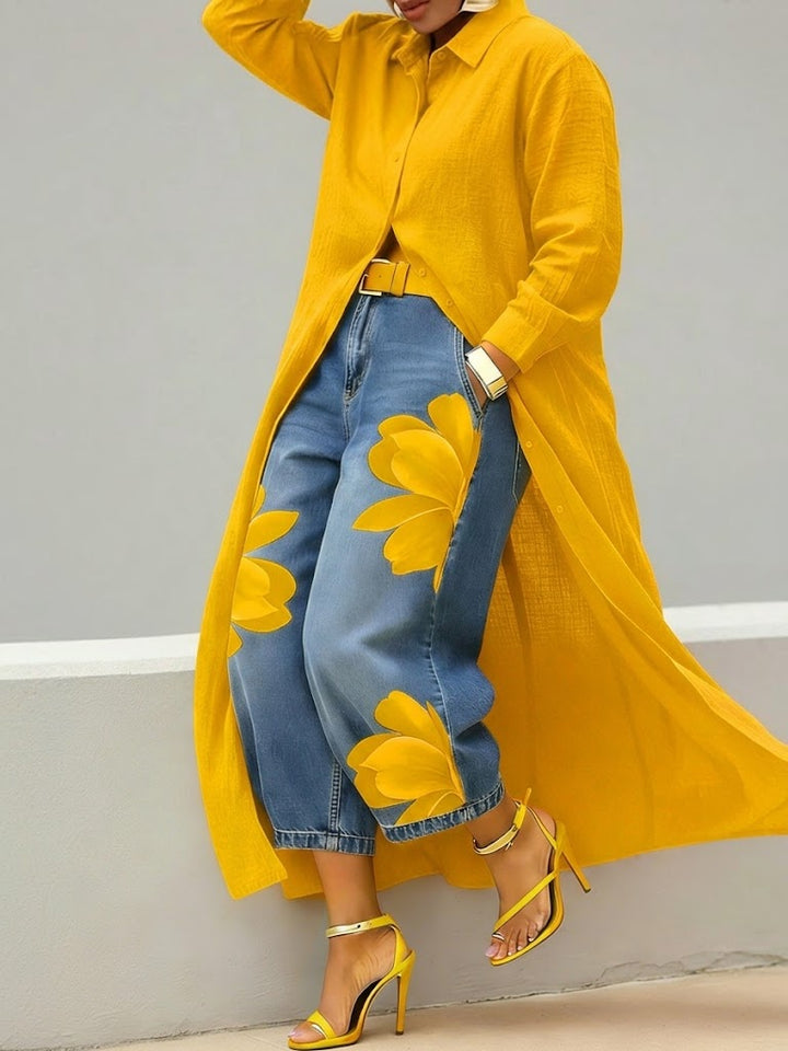 Daniella - Leinenkleid & Florales Denim-Set