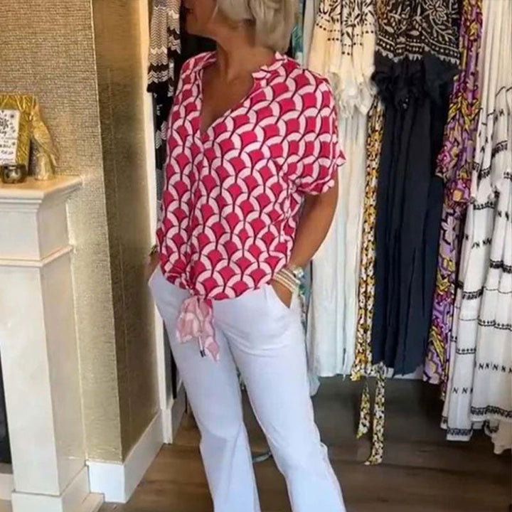 Estelle - Bedrucktes V-Ausschnitt Casual-Top